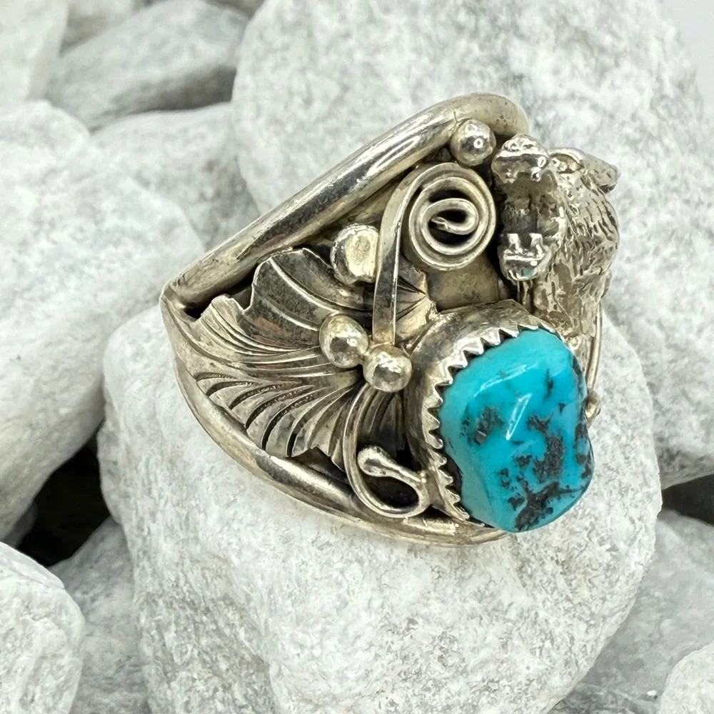 Navajo Sterling Silver Howling Wolf Turquoise Ring —Genevieve Francisco